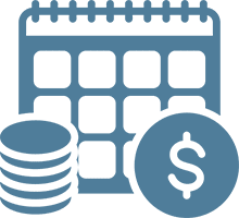 Calendar with coins and dollar symbol.